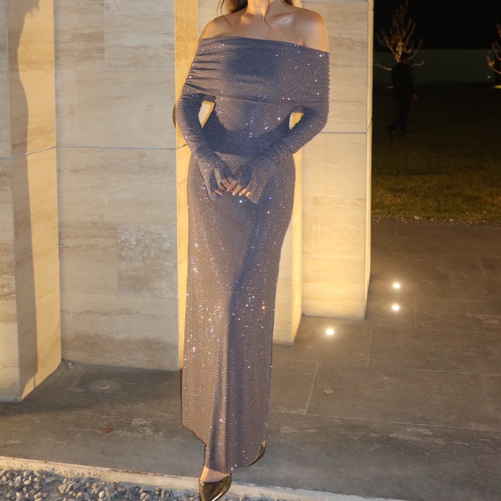 MESHKI Marcel Off Shoulder Diamante Maxi Dress